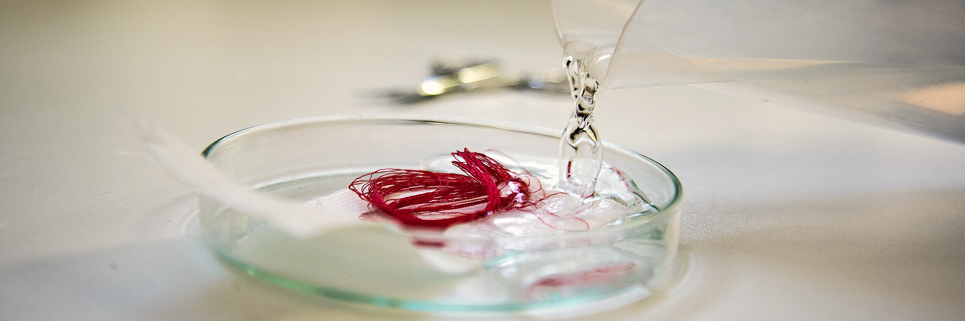 embroidery thread quality test with red thread in a lab dish