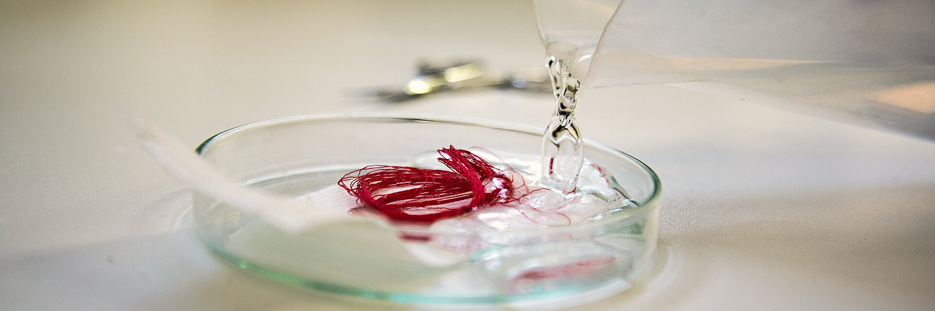 embroidery thread quality test with red thread in a lab dish