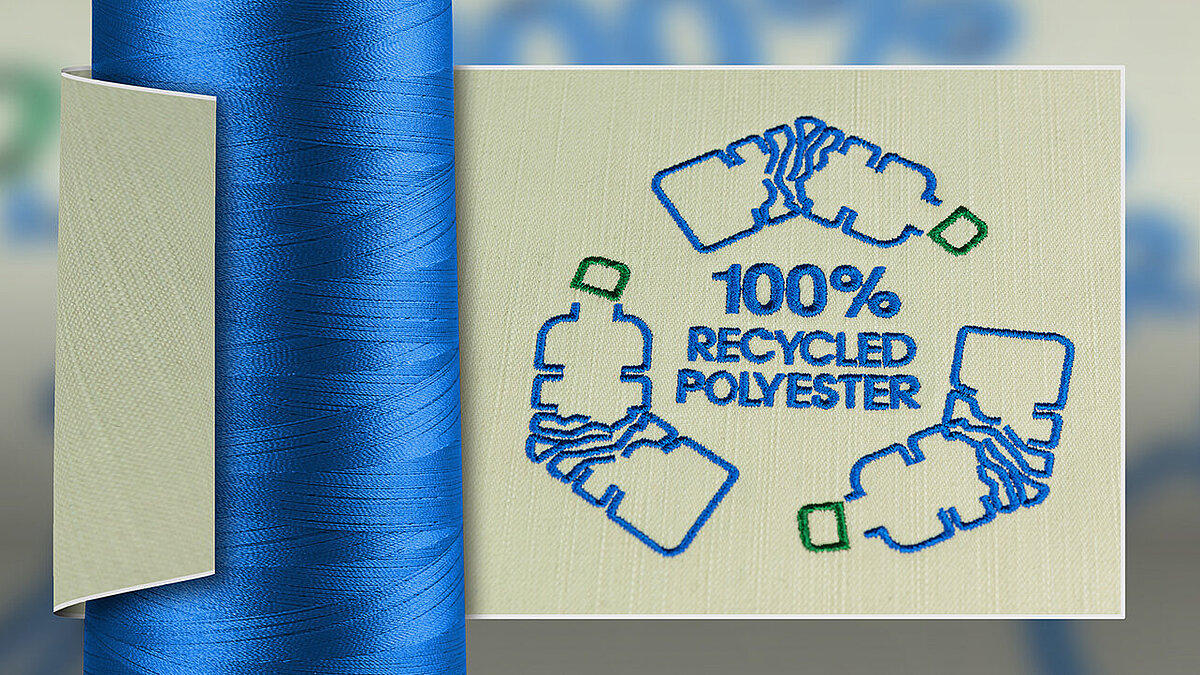 blue thread cone of Polyneon Green and embroidered recycling logo