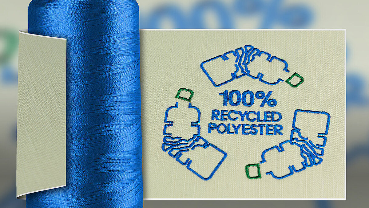 Recyceltes Polyester Stickgarn Kone und Stickerei Blaue Polyneon Green Garnkone und gesticktes Recycling-Logo