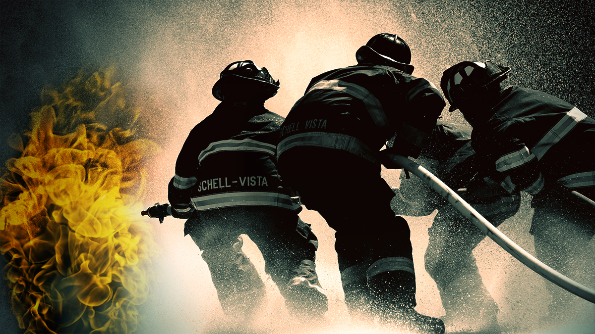 firefighters in action with embroidered uniform